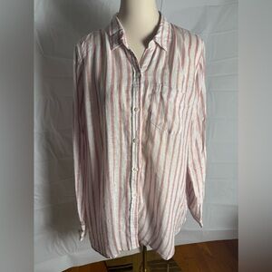 Fleur Bleue Linen Gold and Pink Button Down Shirt with Classic Stripes
